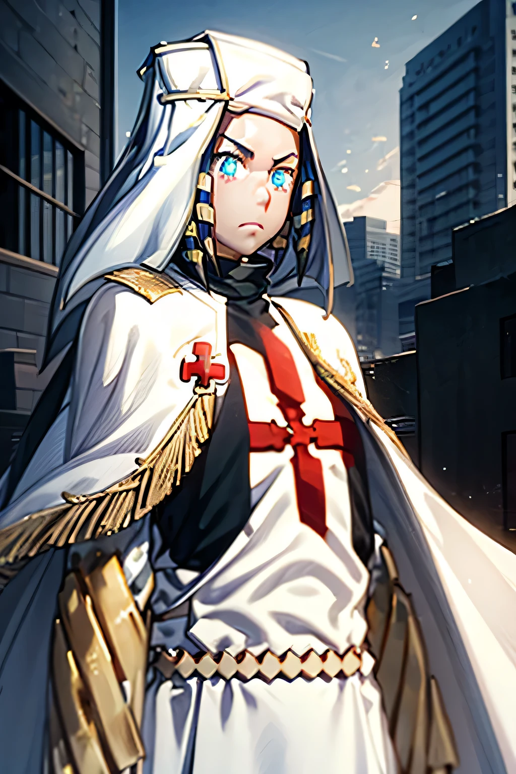 White outfit, blue eyes, black hair, nun headdress, red cross on chest, golden belt, gold armored gloves, black undersuit, cape, city background, serious expression, rooftop setting, male version
