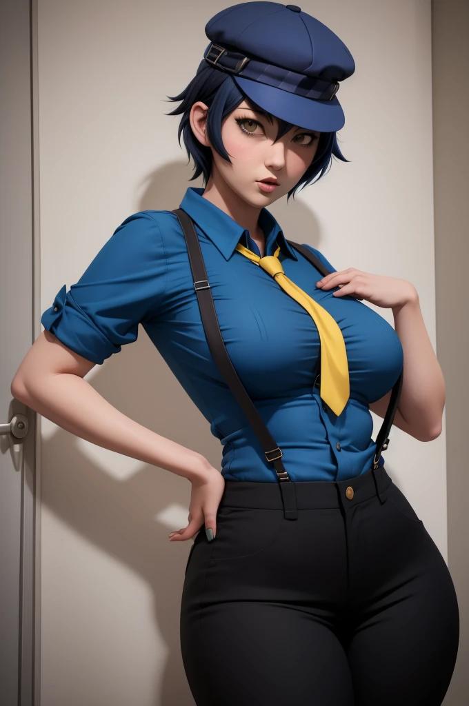 shiroganenaoto,1girl,solo,hat,black pants,blue shirt,yellow tie,suspenders,large breasts,heavy blush,deep cleavage,(grey eyes:1.2)