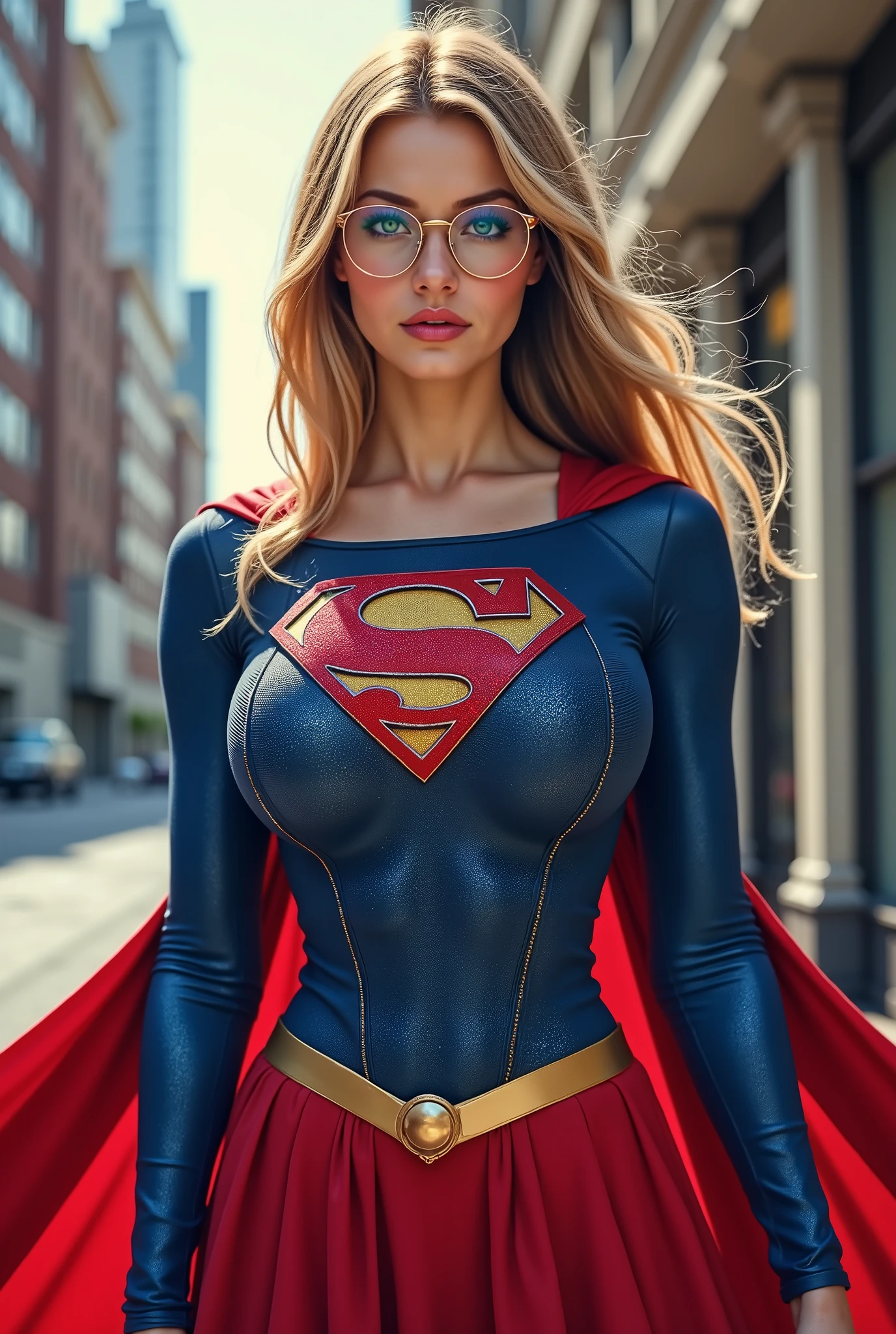 THE MOST BEAUTIFUL A.I. SUPERGIRL WITH BLUE EYES AND GLASSES. digital photo dslr realistic FULL BODY SHOT. SO LIFE LIKE, SO SEXY, SO SMART, SO STRONG SHE MAKES ALL THE GUYS MELT. WEARING AN A.I. FUSED BLUE SUPERGIRL COSTUME, RED SKIRT AND RED CAPE.