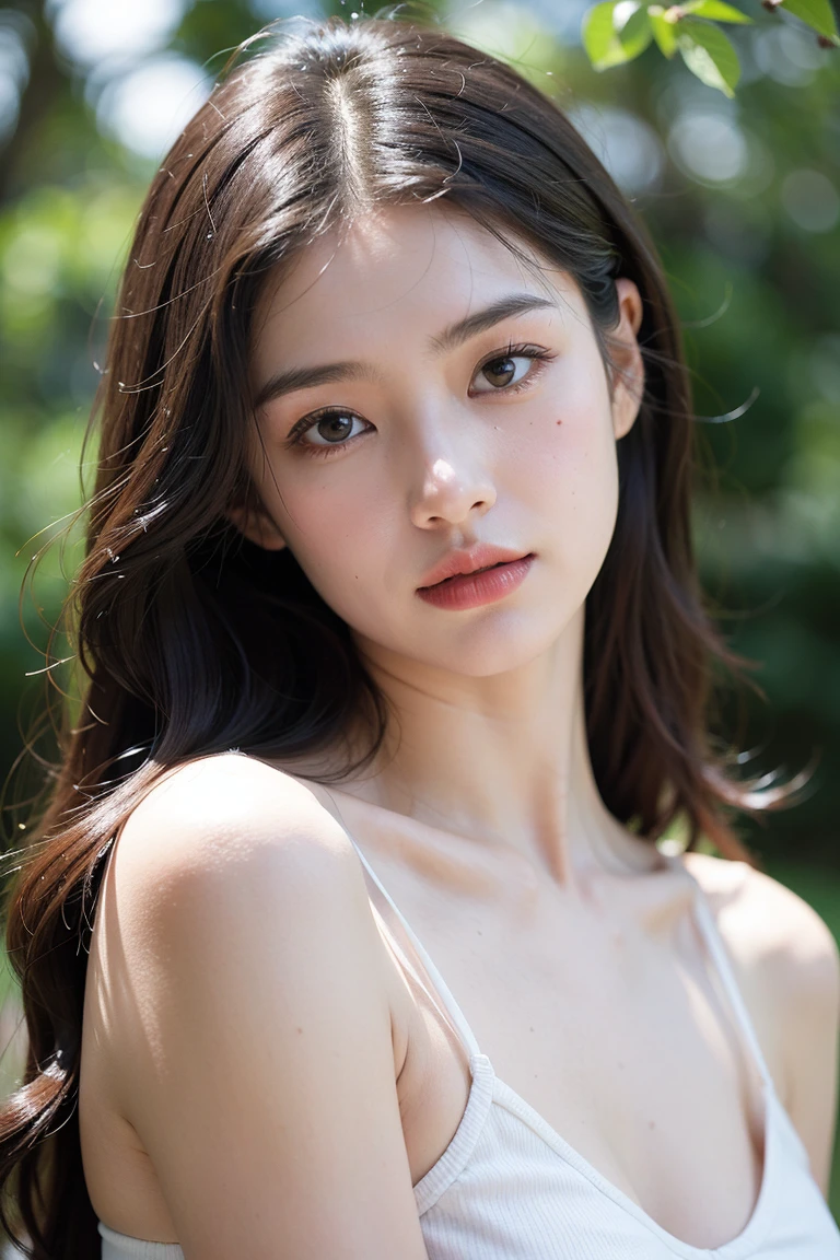 Film Portrait Photography、1girl in、The upper part of the body、The bikini、Wavy shoulder-length hair、Calm、Calm、(A smile)、(Realistic detailed eyes、natural skin textures、Realistic face details)、Soft dramatic lighting、depth of fields、bokeh dof、vibrant detail、detaile、A hyper-realistic、35mm Film、Blurring