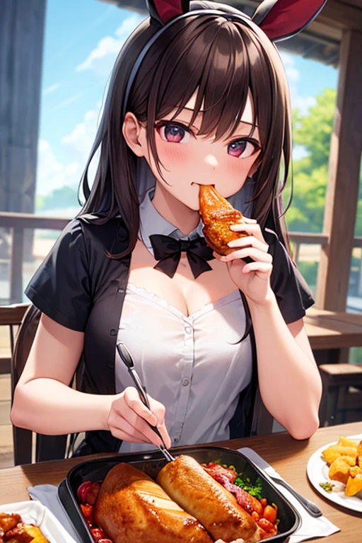 1 beauty,17-year-old high school girl, Watery Big Eyes,(Happy smile),long eyelasher, Blushlush,Black Perm Hair,At a table in a fast food restaurant, (Close your eyes, Smile and open your mouth wide), ((Gnawing on a grabbed hamburger with both hands)),(Eat cleanly)