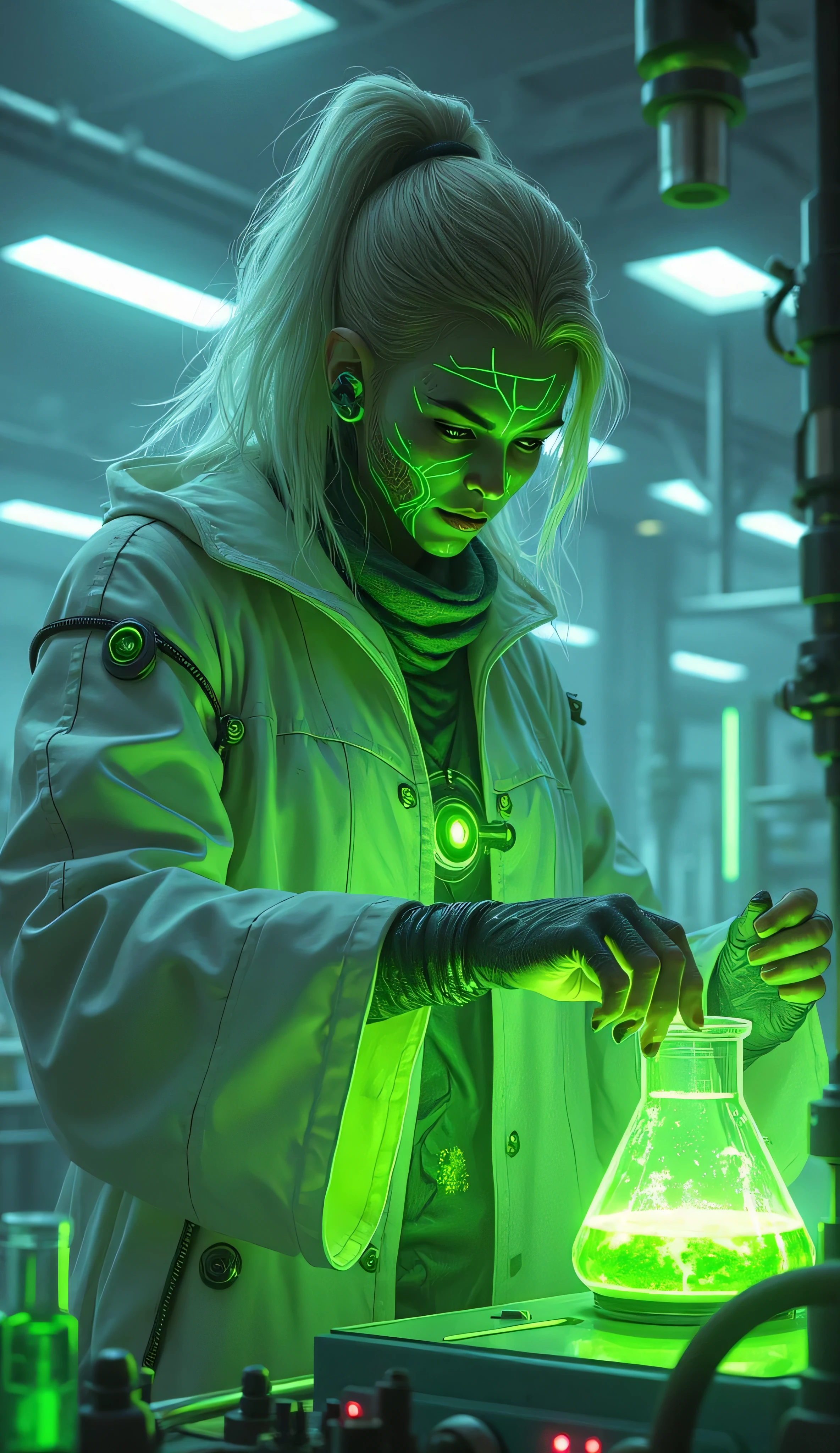 fantasy-inspired humanoid female character, Acid Genasi, focused on a complex experiment, high-tech laboratory, slick semi-translucent greenish tint skin, glowing veins of neon acid-green running across body, eyes shimmer like pools of glowing liquid, faint acidic vapors curl off hands, futuristic lab coat resistant to corrosion, chemical stains, reinforced gloves, high-tech equipment, glowing vials, containment chambers, holographic readouts, manipulating a dangerous-looking substance with expert precision, science and elemental magic, acid flasks hover nearby in a magnetic suspension field, features glass tubes, glowing pipes, scientific tools, sterile white and metallic environment, digital painting in semi-realistic sci-fi style, elements of magical alchemy infused with modern science