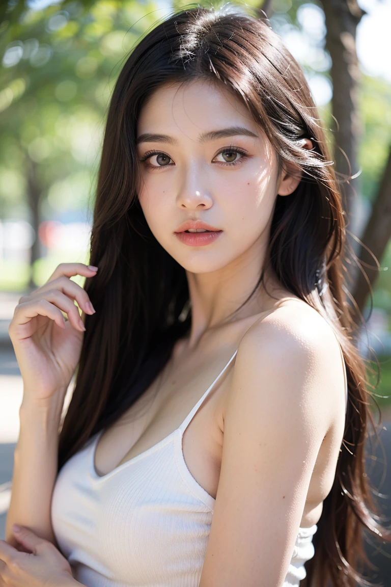 ((top-quality、8K、tmasterpiece:1.3、Authenticity 1.4))、Twenty years old、Long gray hair、Focus Clear:1.2、Beautiful woman with perfect style:1.4、Slim abs:1.2、((dark brown hair、Colossal tits:1.2))、School playground:1.2、Highly Detailed Face and Skin Textur、詳細な目、二重まぶた、The same person、longer sleeves、Chest cover、big assa