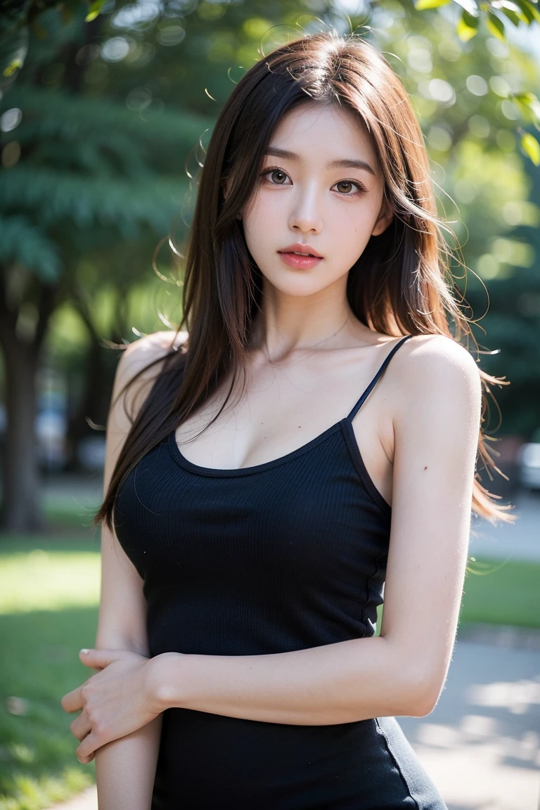 (8K, Best Quality, Masterpiece: 1.2), (Realistic, Photorealistic: 1.37), Super Detail, 1 Girl, 23 years old, Big, Beauty, Beautiful and Perfect Face, Natural Smile, Solo, Cut and Sew, Downtown, Pretty Thighs, (Redness of the Nose), (Smile: 1.15), (With Mouth Closed), Beautiful Eyes, (Long Hair: 1.2), Floating Hair Novafrog style,