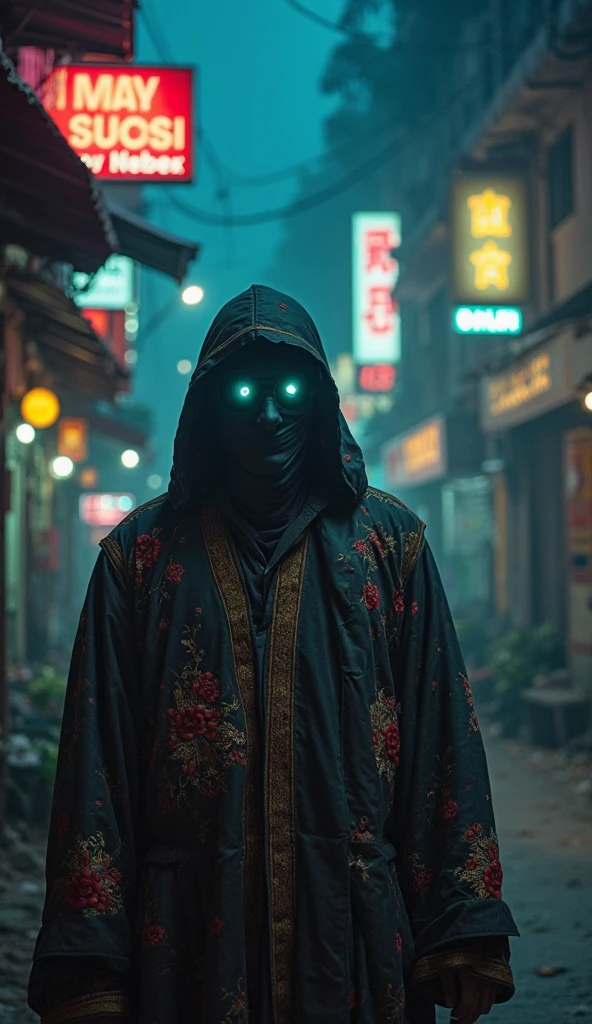 8k、Ultra HD、Horror-themed movie stills,Standing eerily in the middle of the city at night、A short, skinny old man with a big head wearing a kimono、Alien head shape