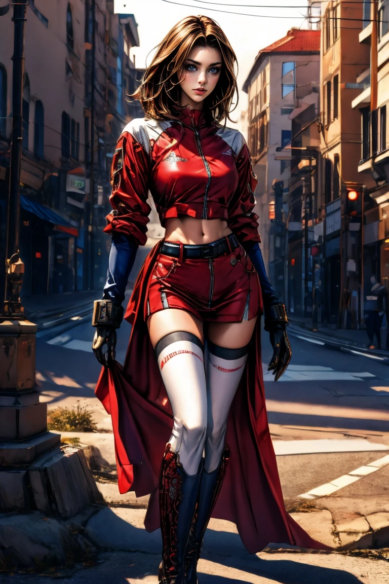 A full-body, ultra-detailed semi-realistic digital painting of a mature Serbian woman in her early 40s, with a tall, statuesque, and elegant figure that radiates strength and cultural pride. Her proportions follow a 10-heads-tall fashion model silhouette, with a modestly full bust, narrow waist, long athletic legs, and graceful posture. She stands confidently, with a subtle hip tilt and relaxed arms. Her skin is fair and smooth with a porcelain glow. Her facial features are traditionally Slavic—high cheekbones, a straight nose, defined jawline, and almond-shaped steel blue eyes under strong brows. Her expression is calm and noble, lips full and balanced, painted in matte wine-red. Her makeup is sculpted and minimal: taupe eyeshadow, soft contour, and light highlighter.

She wears a modern race queen outfit influenced by Serbian heritage. The zip-up crop top is deep red with navy accents, embroidered with silver geometric patterns on the shoulders and sleeves. A matching ultra-short miniskirt features navy side panels, silver-trimmed edges, and a crimson sash-style waistband resembling a traditional Serbian belt. Black thigh-high boots with silver embroidery and deep red fingerless gloves complete the bold yet refined ensemble.

Her dark brown hair is silky and straight, parted at the side and flowing down to her waist in polished, smooth strands. It is tucked behind one ear to reveal her facial features, with no bangs or accessories. The balanced length and natural volume of her hair enhance her poised, composed presence.

She stands before traditional stone architecture under soft golden light, with a subtly blurred Serbian urban backdrop that highlights her dignified appearance. Masterpiece, best quality, semi-realistic, 8K resolution, cinematic lighting, hyperrealistic portrait, finely detailed.