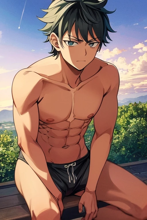 masterpiece, best quality, inosuke, 1boy, bangs, black hair, blue hair, green eyes, abs, hands on hips, topless male, hakama, male focus, sand, sea, beach background