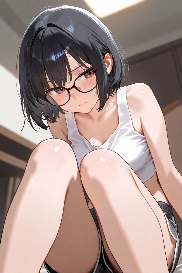 (glasses:1.15),(masterpiece,best quality, high resolution,8k, ultra-detailed:1.3), (detailed face,detailed eyes:1.4),(detailed face in 8K, perfectly sculpted face, beautifully detailed eyes:1.2), (perfectly sculpted body:1.4),(blush:1.3),(abs,muscle:1.4),(sweat,fog,steam:1.4),(nude:1.4),(small bust:1.3),(big nipple:1.3),(pubic hair:1.3),(pussy:1.2),(creampie:1.2),(small breast:1.6),(sitting position:1.4),(spread legs:1.4),(NSFW:1.2),(pussy juice,love juice:1.4),(many sweat:1.4),(boyish:1.3),thick eyebrow,(blue short hair:1.4),(:1.3),(running shoes:1.2),(outdoor,Track and Field:1.3)