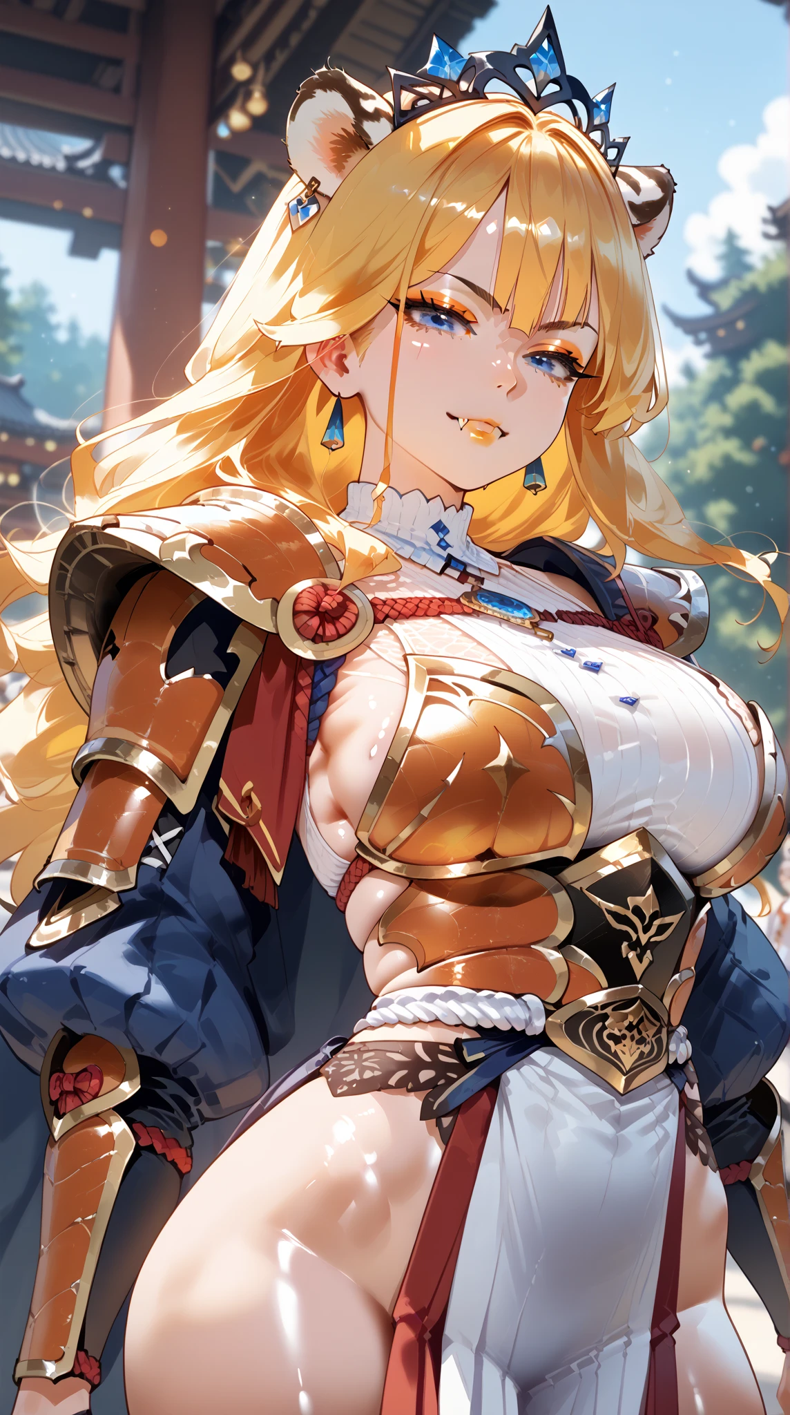 ((Highest quality)), ((masterpiece)), (detailed), （Perfect Face）、The woman is Tiare, with green eyes and medium-long blonde hair.、The woman is a warrior wearing beautiful Chinese armor.