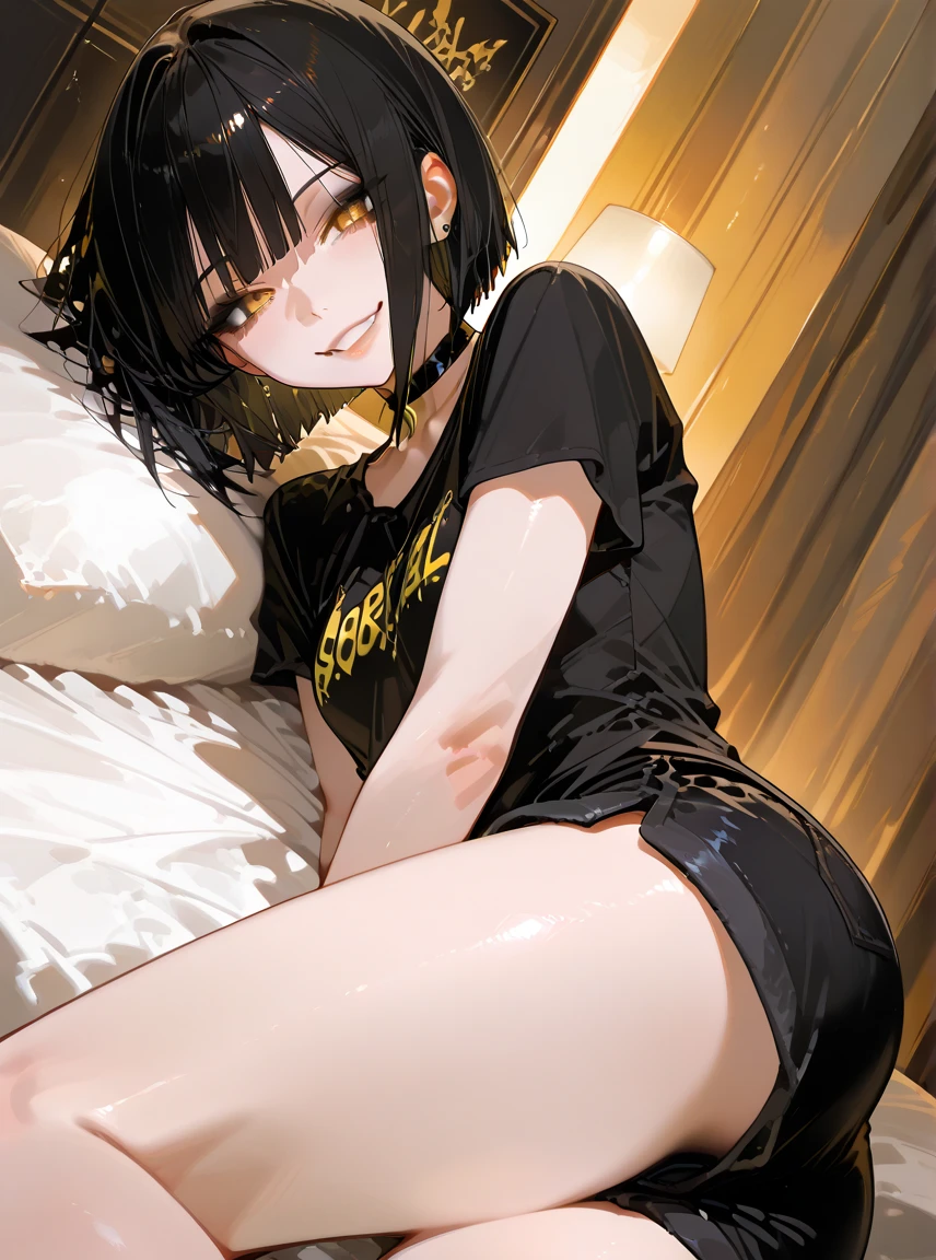 mature woman, goth, hot face, black lipstick, tongue out, teasing expression, teasing smirk, hot face, (sharp eyes), gray eyes, short hair, messy hair, black hair, slim body, medium breast, (sitting on viewer, on top of viewer, looking down at viewer, below view), apartment room, plain white room, (dim lighting room, dark room, night), (short skirt, leather skirt, tank top, midriff, black clothes) 