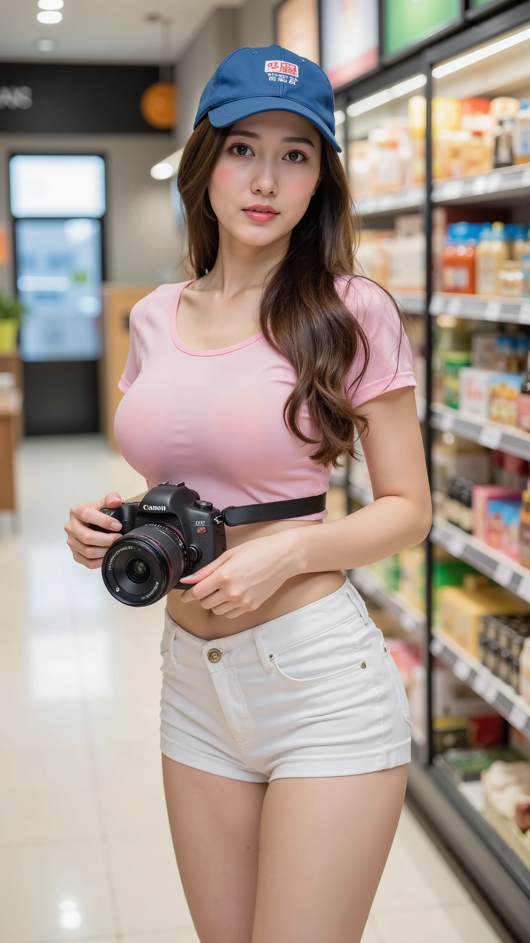 1 russian girl, long grey hair on shoulder, RAW photo, (highest quality), (photorealistic: 1.2), (realistic skin texture: 1.5), young female,(gorgeous bacolny ,beach, gardenview, realistic background), Multiple Views,(fullbody shot,long legs, high wearlegs,), (slender,slim,skinny) tilt head ,(large breasts:1.8), sultry expression, (seductive smile),
A realistic photo of female model wearing a blue baseball cap, a pink t-shirt, and white shorts (holding a Canon DSLR EOS 5D MK IV with an EF 70-200mm f/2.8L USM III on her left grip:2) in a Korean supermarket. A casual pose, a relaxed smile, freckles, and dark brown hair. L.T. Angles logo on the hat. Modern city setting. Natural light. Snapchat-style aesthetics. --ar 2:3 --v 6 --style raw