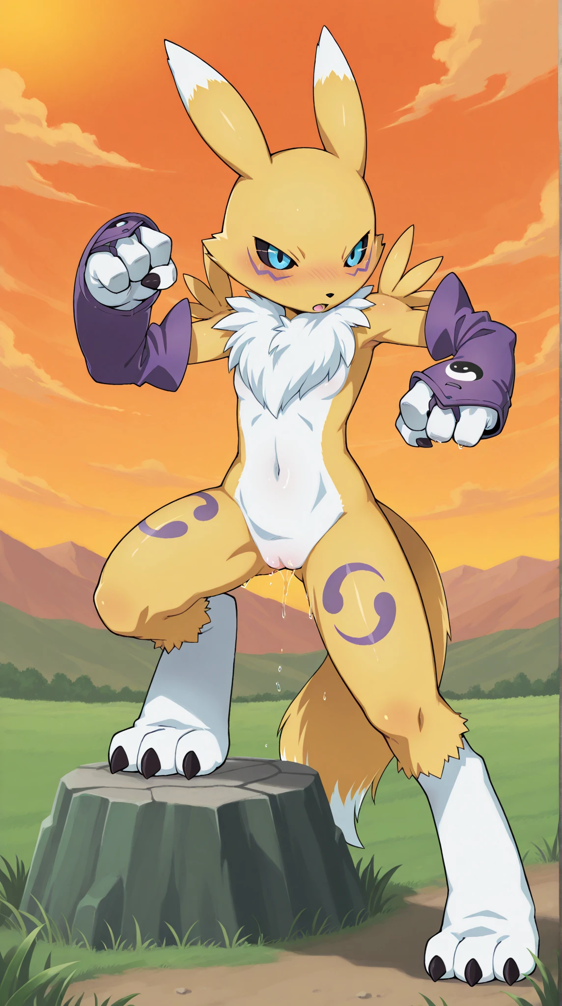score_9,score_8_up,score_7_up, score_6_up, score_5_up, source_anime, kemono style, flat colors, Anthro, female zeraora pokemon, naked, breasts, nipples, black calves and feet paws, sex, cowgirl position sex, squatting, she is fucking a faceless human male, human male is cropped out, lighting aura around her, grinning, eyes half open
