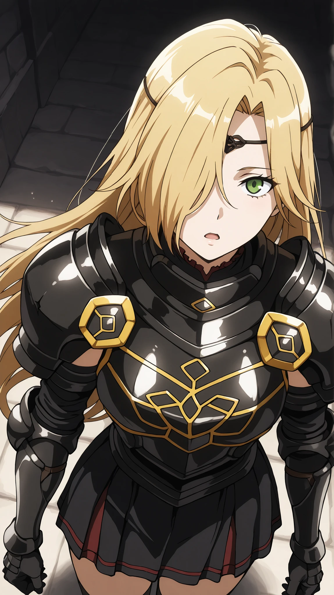 leinas rockbruise, Overlord
High quality , best quality , masterpiece, High Resolution , anatomically correct, anime coloring,
solo, 1 girl, adult, cool woman,
green eyes,blonde hair,long hair,hair over one eye,,,breasts,
, circlet, shoulder_armor, black breastplate, gauntlets, black_skirt, frilled_skirt, miniskirt, groin,black dress
, close up , looking at viewer ,upper body,from above
, Expressionless, open mouth,