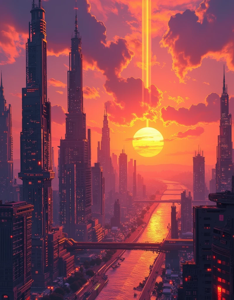 cityscape, urban scenery, tall skyscrapers, sunset background, vivid orange and purple hues, futuristic atmosphere, beams of light cutting through the skyline, dramatic lighting, high contrast, sense of movement within the city, dynamic composition, vertical perspective, well-defined architecture, artistic rendering