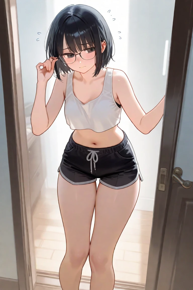 best quality, full body, 1 girl, short dark brown hair, crop top, black panties, view of panties, seductive pose, horny expression, tongue out, mouth filled with saliva, plain legs, no accessories,