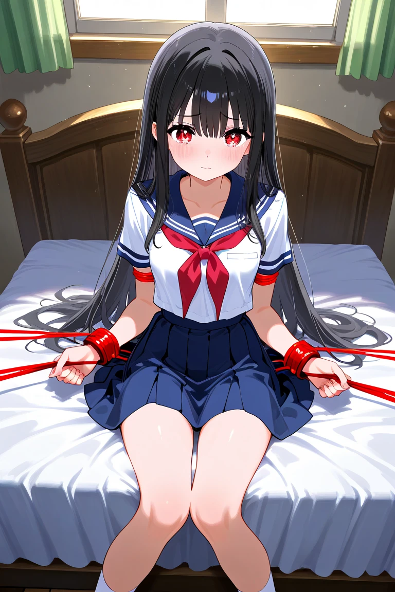 (((Sailor Mars))), Black long hair, Red elbow pads White long gloves, (Sailor Warriors Sailor Warriorsのコスチューム:1.479), (The leotard is white:1.7), The collar and chest ribbon of the sailor uniform are red., The fabric of the clothes is thin. Clothing sticks to the skin, 1Female junior high school students, (blush Patience face), ((Slender figure Beautiful Skin)), Highest quality, High resolution, masterpiece, (Beautiful vagina Beautiful clitoris), (With a 30-year-old black mafia man, penis:1.4), Complete limbs, (Mating press:1.2), ((((penis enters vagina)))), (Beautiful crotch), A beautiful girl spreads her legs., ((Binding, Restrained by rope:1.4)), Sailor Warriors fuck a guy fully clothed, (((Very cute small face)))