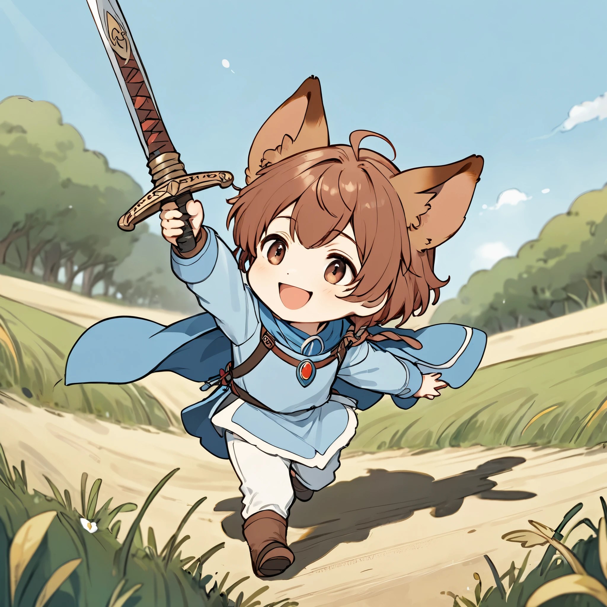 Best Quality, solo, ridiculous , very detailed, 2.5d, delicate and dynamic, chibi, cute boy, boy, Hair,犬の耳のboy, Brown dog ears ,solo,I'm wearing Nausicaa clothes,solo,smile,The ground is golden,Waving a sword