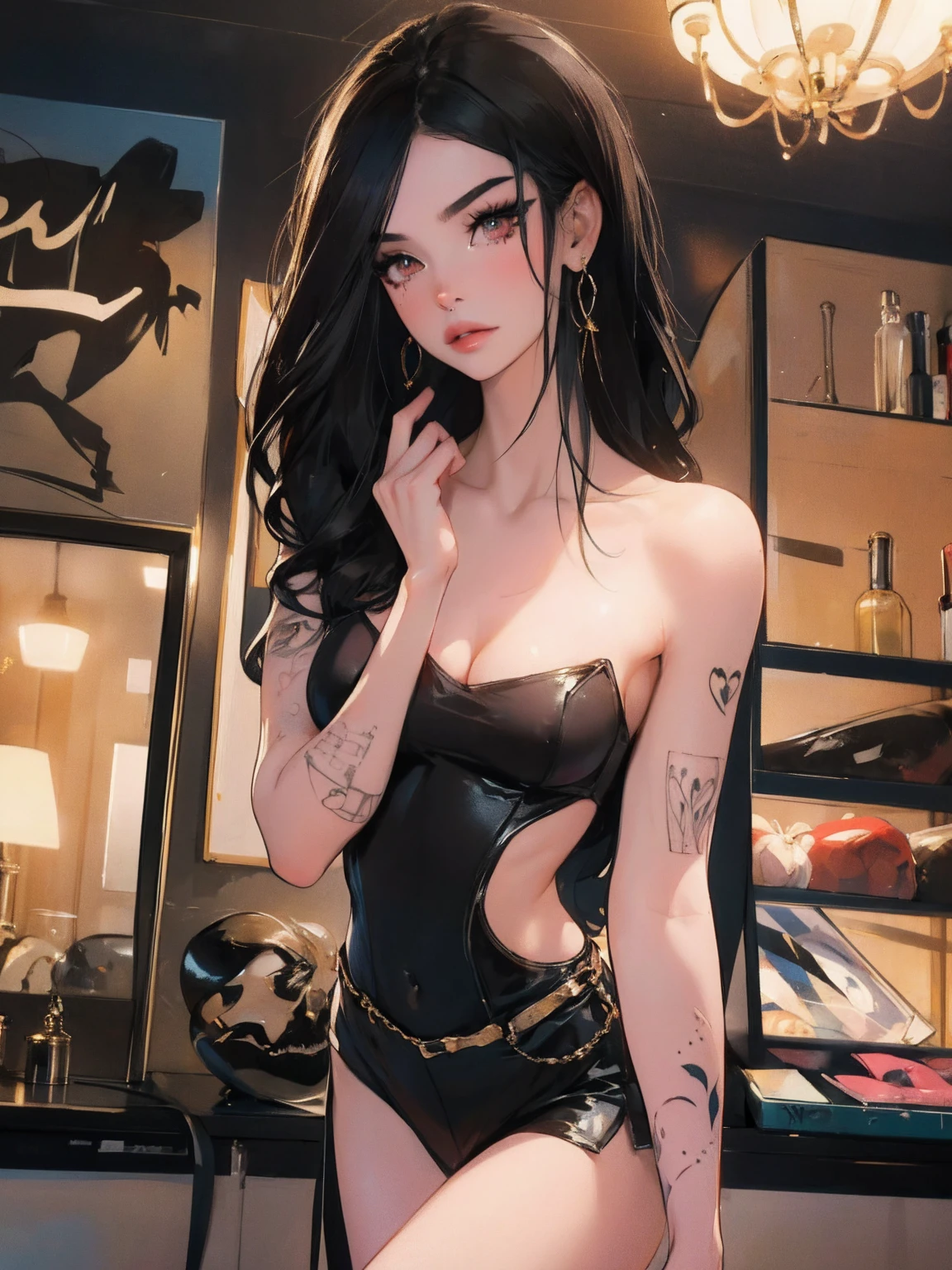 model: long wavy black hair, full dark lips, smoky eyes, BREAK, setting: blacklit room, shattered glass, neon lights, BREAK, body paint: polychromatic geometric patterns, covering torso, arms and legs, BREAK, accessories: chrome body chains, silver choker, black feathered wings, BREAK, pose: crouching, head tilted up, looking forward with an intense gaze.