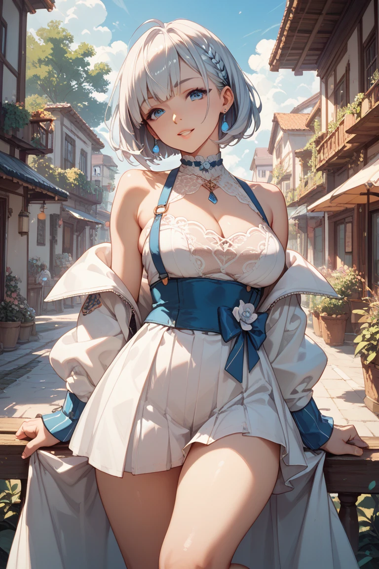 Small and round breasts, she is a kawaii girl ((she is beautiful and cute)), (white hair, beautiful earrings, barrette), double eyelids, greenish eyes, clear and detailed, hyper detailed, light effect on the eyes, iris detailed, sensual body, ((long-sleeved strapless blouse, delicate and elegant denim shorts, beautiful and cool)), ((masterpiece, hyper realistic, hyper detailed, best quality, 16k, light and shadow on the skin, bright colors)), eyeliner, thin eyebrows, sensual expression, perfect lips, innocent and sexy face, ((skin with light and shadow), beautifully seductive and embarrassed woman, passionate expression, shy smile ((she is a beautiful woman with a beautiful body)), flirting with the viewer, beautiful, charming, ((in the city amusement park)), (body tilt) ((elegant sensual pose))