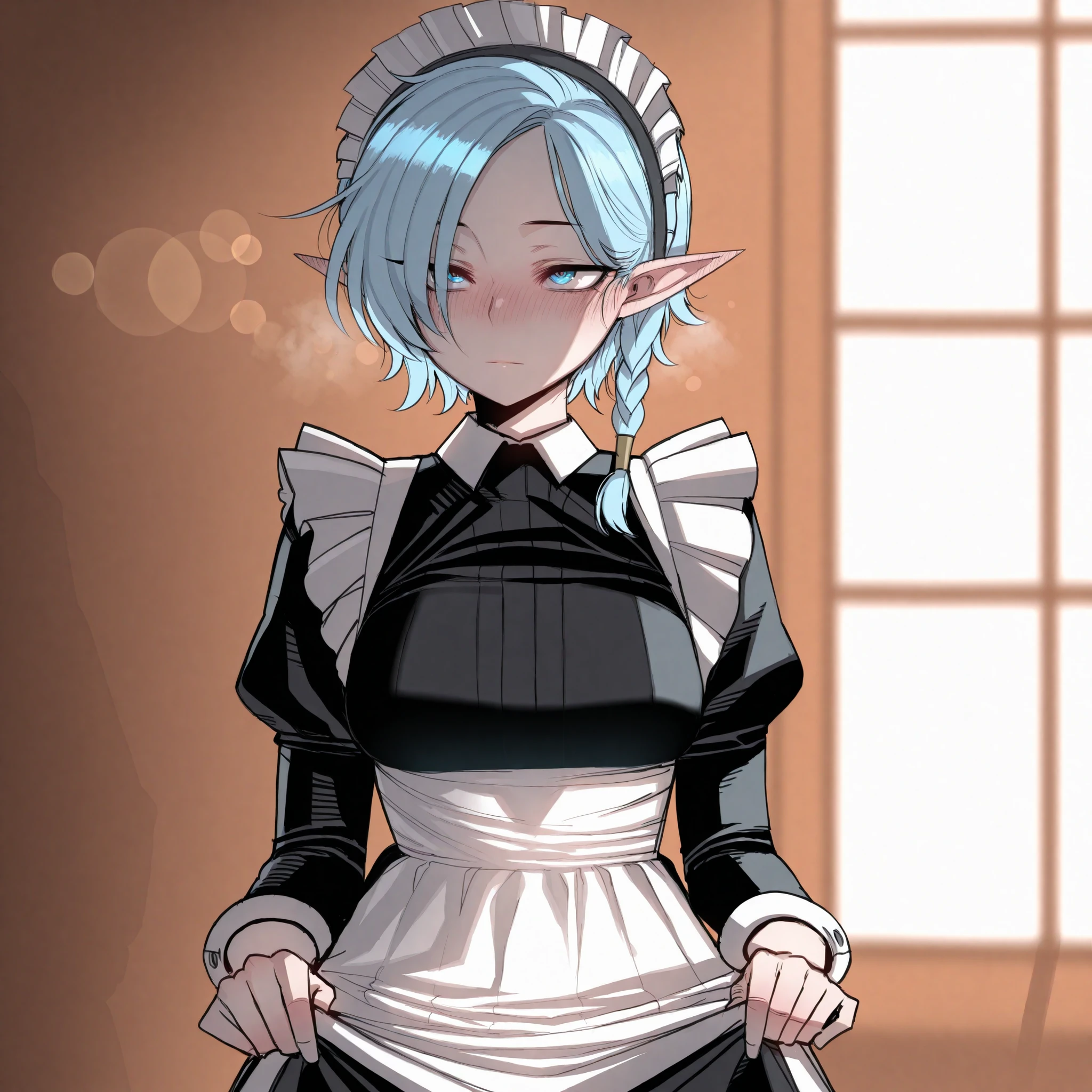 masterpiece, best quality, amazing quality, r4t4_illu, solo, breasts, 1girl, elf, pointy_ear, light_blue_hair, blue_hair, multicolored_hair, twins_braid, short_hair, blue_eyes, perfect_eyes, maid, maid_headdress, frills, maid_apron, closed_mouth, standing, blush, expressionless, indoor, window, dropped_shadow, bloom, ((bokeh)), breath, depth_of_field, dress_lift, Ratatatat74 style