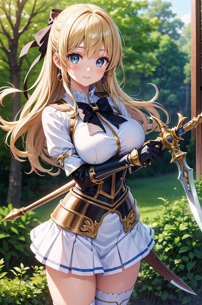 (masterpiece), (Highest quality), (Beautiful eyes and face), (Perfect female body), (Shiny skin),
View your viewers, Cowboy Shot,
One girl, alone, Lucy Heartfilia, Blonde, Twin tails, Brown eyes,
Large Breasts,
smile,
Are standing, Hands on hips,
Wedding dress、Knee-high socks、Long gloves outdoor, Historical sites,