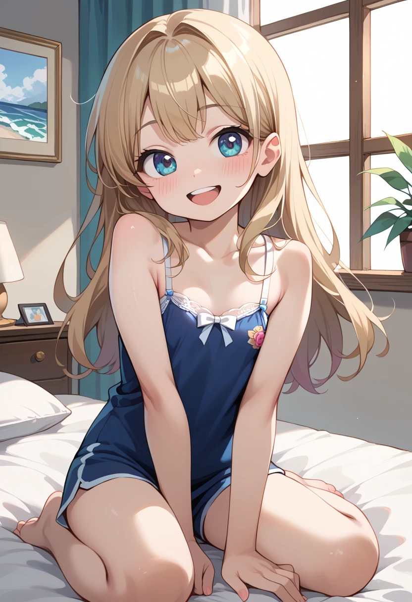 (masterpiece,best quality, detailed,hires:1.4),1girl,,(solo:1.4),(lie face down on the bed:1.4),detailed long hair,detailed face,detailed shining eyes,bloom,glowing,detailed clothes,shine skin,white tank top,denim short shorts,huge breasts,crossed arms under beeast,cleavage,(happy:1.4),blush,in the room,on the bed,cowboy shot,