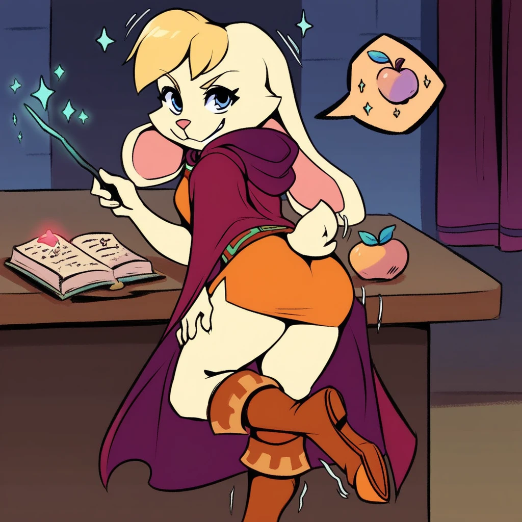 [Coco bandicoot], [Uploaded to e621.net; (Pixelsketcher), (wamudraws)], ((masterpiece)), ((high quality)), ((HD)), ((D&D)), ((mystical)), ((solo portrait)), ((full body)), ((front view)), ((furry; anthro)), ((detailed fur)), ((detailed shading)), ((beautiful render art)), ((shoes visible)), ((intricate details)), {anthro; (slim figure), orange fur, black nose, (cute green surprised eyes), (pink eyeshadow), long blonde curly hair, (curly ponytail), (curly bang), (beautiful legs), (camel toe), (surprised), (blushing), (sweat on forehead)}, {(pink witch hat), (short purple dress), (upskirt striped panties), (black belt), (pink boots), (heels)}, {(sitting), (legs spread open), (holding staff), (looking at viewer)}, [background; (cave), (surrounded by magic), (ambient lighting)]
