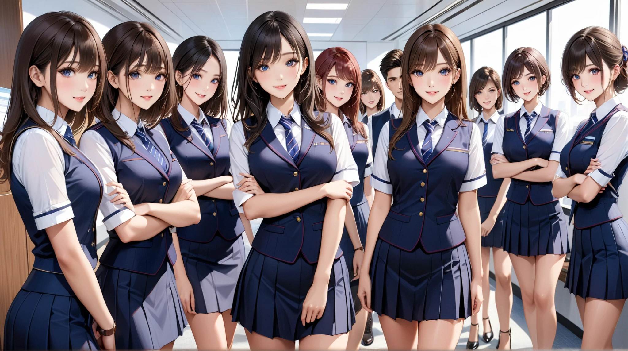 masutepiece, Best Quality, 10 girls in the classroom,(10 people standing:1.2),Standing,Teenage, Looking at Viewer,l Group shot, harems,nffsw,Retro underwear,(pantiy),Realistic,School uniform,(Dark blue blazer and white shirt) ,(Dark blue pleated skirt),Blue Ribbon ,(Looking back, ass grab:0.9),(Beautiful eyes:1.3),frombelow,From below,Kinney,(skinny:1.2) ,Slender thighs, Long body, novel illustration,(Smelly eyes:0.5),closed curtains,(shirts lift,lifted by self:1.5) ,Dark Persona.Skirt lift side,(Panties:1.3),