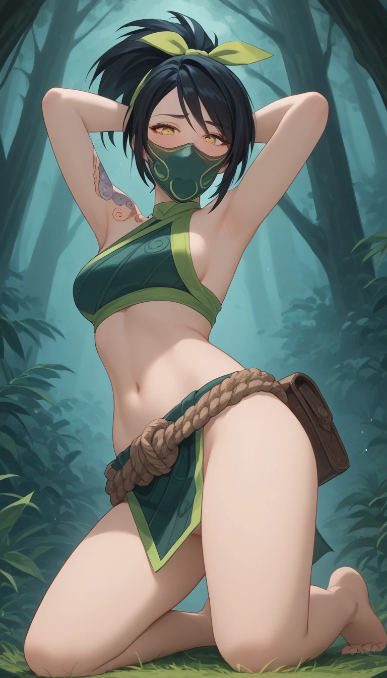 ((best quality)), (Highest image quality) (Detailed eye description) ((masterpiece)) (((akali)), 1girl, (((league of legends))), ((detailed: face)), ((ultra detailed: eyes)), solo, ((muscular)), abs, mask, from below, angry eyes, low camera angle, perfect anatomy, mask, wide hips, large breasts, toned body, shredded, shiny skin, big thighs, skindentation, fullbody, onsen, morning, cold light, mist, foggy, steamy, big ass, grabbing ass, small thong, topless, back, bent over