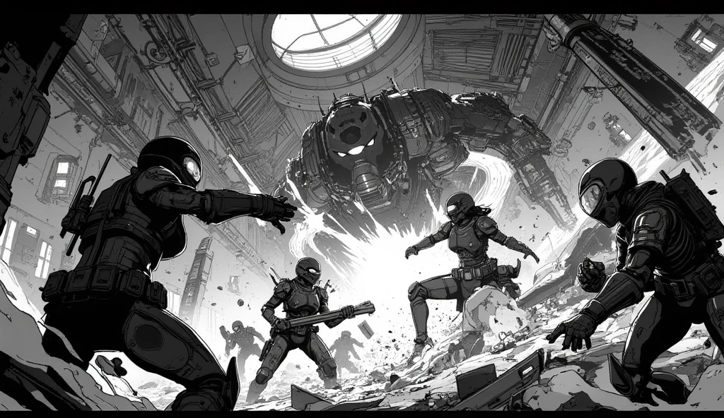 Dynamic splash panel, manga style. A chaotic battlefield inside a ruined, cavernous mega-structure. Jagged metal debris and flickering emergency lights. In the foreground, heavily armored female soldiers (angular, intimidating designs) clash violently. Energy blasts illuminate intense, hate-filled eyes visible through cracked visors. Focus on the sheer brutality and kinetic energy of the fight. High-contrast black and white, heavy inks, speed lines.