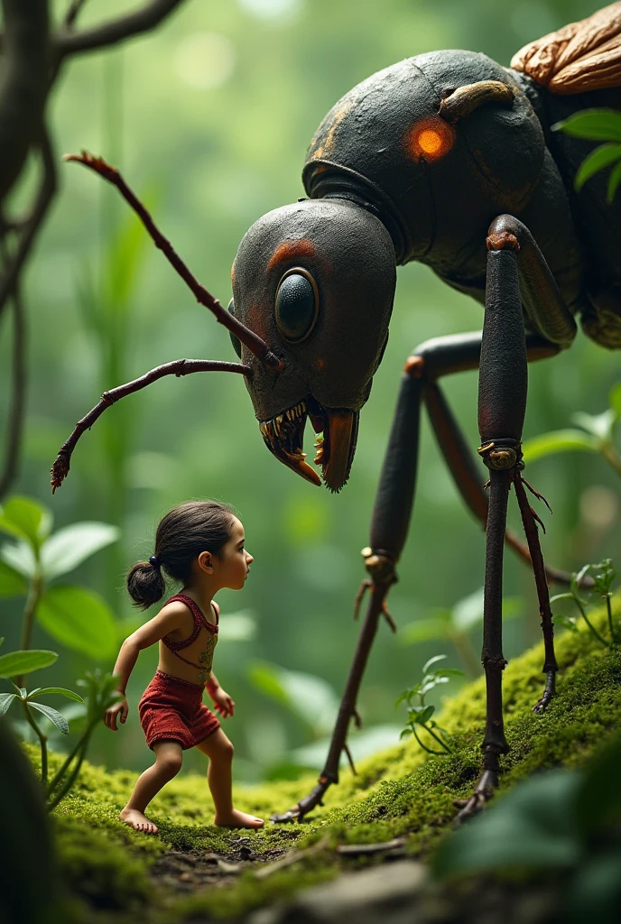 bug sized woman fighting an ant, in grass jungle,
