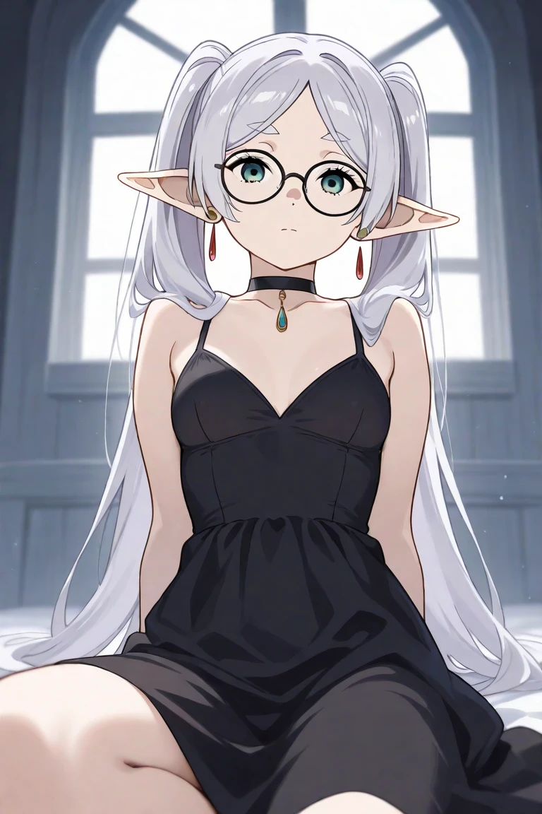 Shoulder Bob　silver hair　bob hairストレートヘア　Silver-haired, blue-eyed elf　I want to be a powerhouse behind the scenes.　beta　Qiyin　Black-rimmed round glasses　big breasts　black costume　In awe of Shadow、Each and every event is a unique heroic tale「Shadow-sama&#39;s Chronicles」I am writing　Perhaps because she is a literary girl at heart, she has little interest in fighting and can even be said to have no desire to seek or improve herself in order to become stronger.　The shoes are knee-high　drooping eyes
