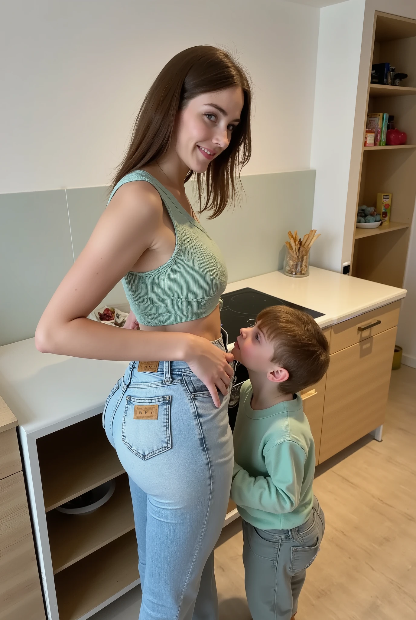 a happy and smiling mom, extremely detailed, photorealistic, translucent clothing, Transparent clothing, big buttocks, big breasts, extremely detailed fingers and hands, extremely detailed vagina, tight clothes, Nipples