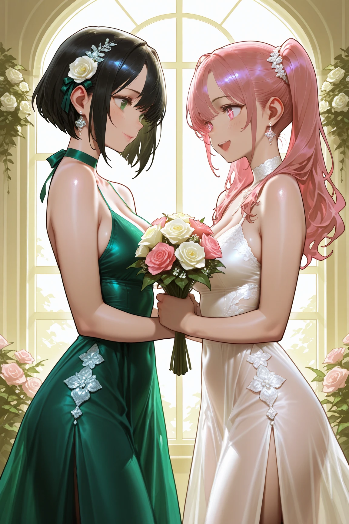a girl with long crimson red hair blue eyes among green, a shirt that's barely there and if it covers your weight, a short skirt (with a calming and beautiful smile) (His eyes express love and understanding) and some purple shoes, with big booty and breasts too, with earrings in the ears, cross earrings, (whole body)
