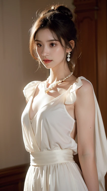 Casual pose, (extremely delicate and beautiful work), (masterpiece), 1girl, girl in white skirt, high detail, leaky waist, twisted ponytail, happy, happy, charming expression, clear and beautiful eyes, green pupils, Exquisite necklace, exquisite earrings, fairy ears, simple blurred background, extreme detail description, beautiful and charming, ultra-fine painting, exquisite face, exquisite figure, exquisite collarbone, lovely lips, beautiful breasts, soft Behind, mix4,(8k, RAW photo, best quality, master:1.2), (realistic, photo-realistic:1.37),1girl,cute,cityscape,night,rain,wet,professional lighting,photon mapping,radiosity,physically- based rendering,