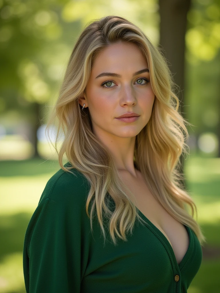 photorealistic, best quality, (hyper detailed: 1.4), (((posing:1.5))), long distance shot, plus size body, blue eyes, blonde hair, Detailed eyes, ((wearing red dress:1.5)). beautiful young woman, (Highly detailed face:1.4), exuding a natural glow, soft lightning, day time, nature view, jaw-dropping beauty, sexy, seductive, vivid colors