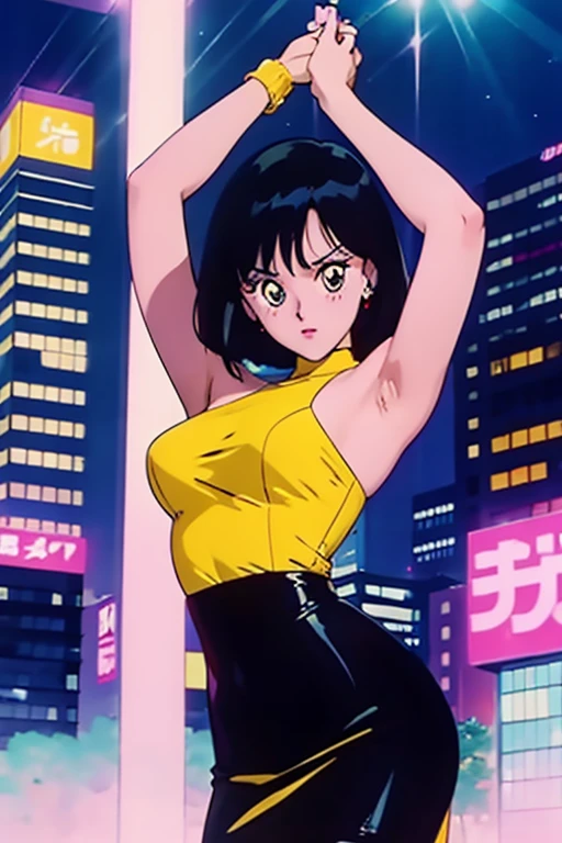 Kyoko,score_9,score_8_superior,score_7_superior,sauce_anime,One girl,alone,View your viewers,city,Streetscape of the 1980s,asphalt paved,paved,lamp post,force_line,Orange sky,evening,Panties、bra、Lonely face、:d,arms_behind_return,