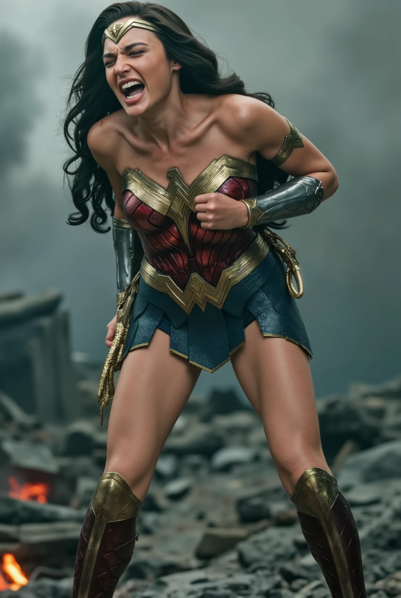 Gal Gadot as Wonder woman, she is bend over, (upskirt), she's crying, she's screaming in pain, a strong devil is doing sexual intercourse from behind, fierce devil push his penis into her skirt and fucking harder and harder, volcano scene,