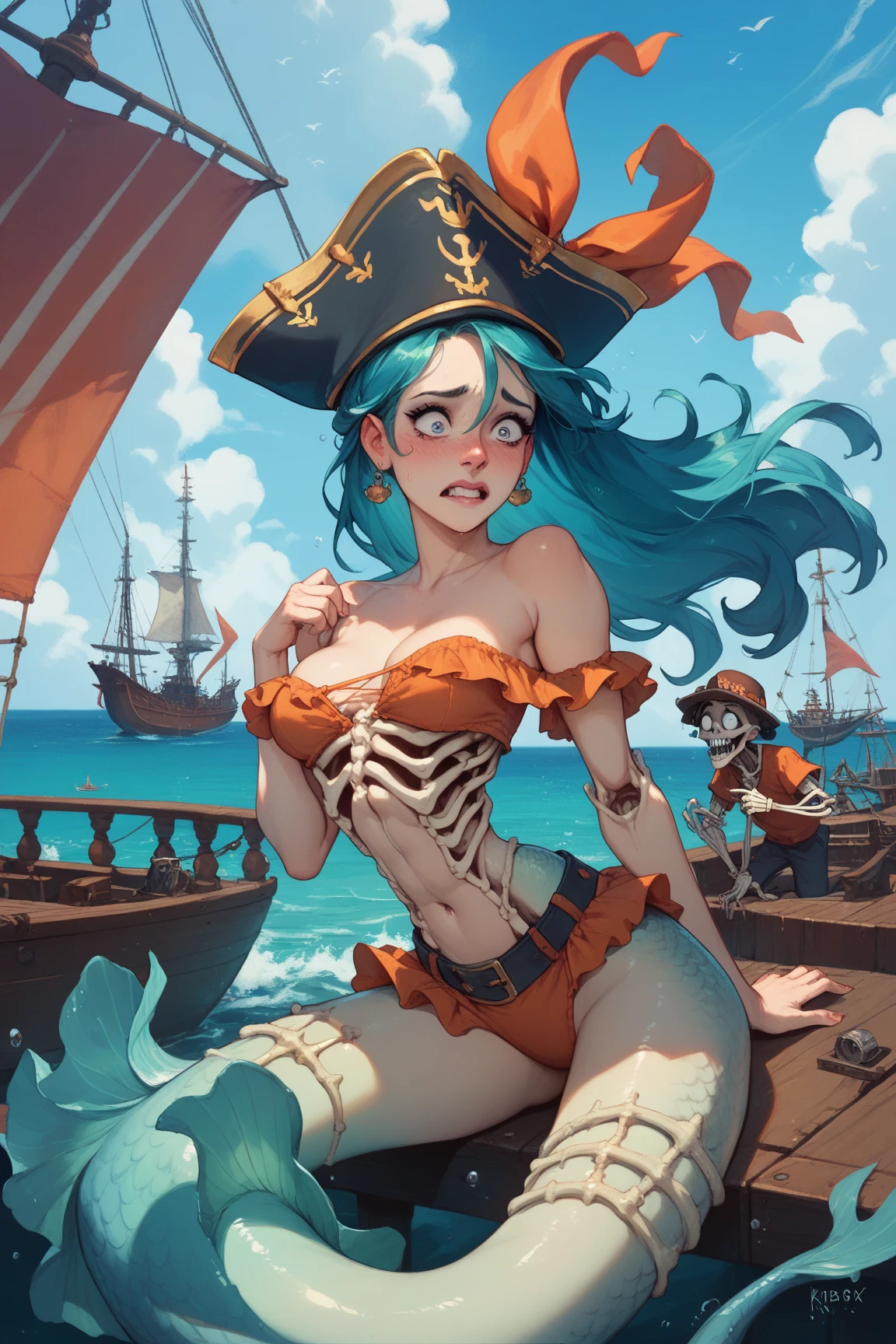 ((1 pirate fish woman, bare chest, pussy wet with sperm)),((wars coming out of the neck, fish fins, 1 woman with 4 breasts)),((huge breasts)),((erect breasts)),( (pussy with lots of pubic hair)),((dark green hair)),((green eyes, smile)),((facing the viewer)),((on a pirate ship, at sea during the day)),