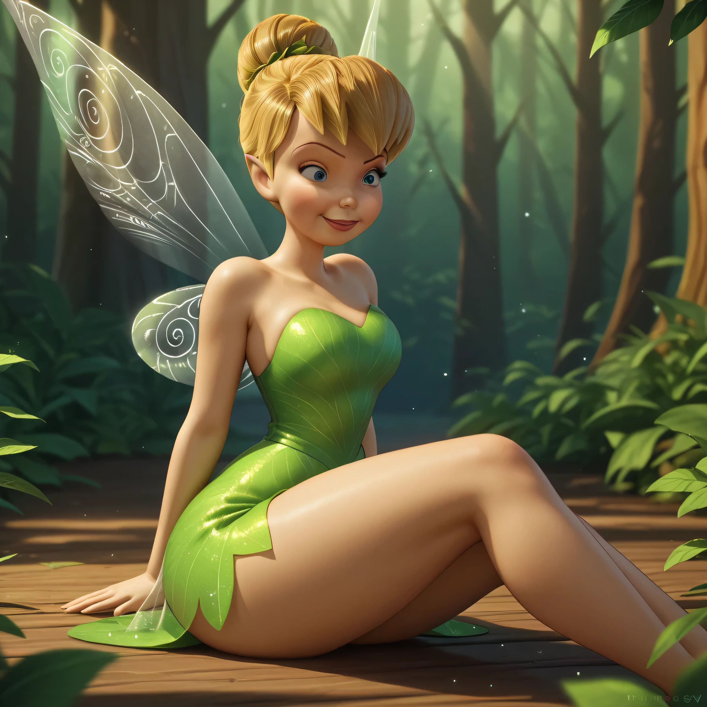 masterpiece, 8k, perfect ligthing, , adult, female, looking at the viewer, cinematic lighting, full-body shot, (TinkerBell:1.5), (TinkerBellWaifu:1.1), single hair bun, (green clothes), ((clothes made of leaves)), (fairy wings:1.2), pointed ears, blue eyes, (detailed eyes:1.2), stirring in the forest, (tinkering:1.6), Gears, abandonments, pulleys, blush, (shrunk),ass lighting
