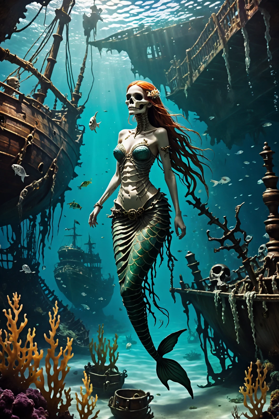 1 girl, under water, skeleton, corpse, Under water, where tendrils of corals and vines abound, a girl (mermaid) looks at you among a pile of bones and skulls. Her eyes glow with an eerie light, (Masterpiece:1.3), (best quality:1.3), 