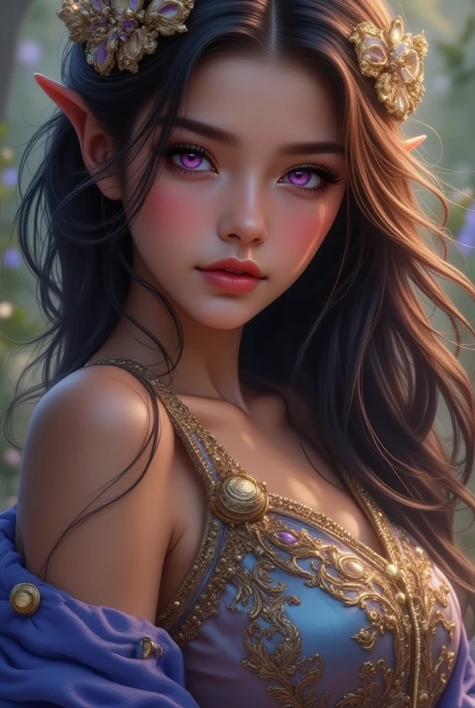 close-up of a beautiful female face, gorgeous eyes, intricate, neckleace, soft lips, smiling, naughty, seducing gaze, freckles, tails, jewerly
