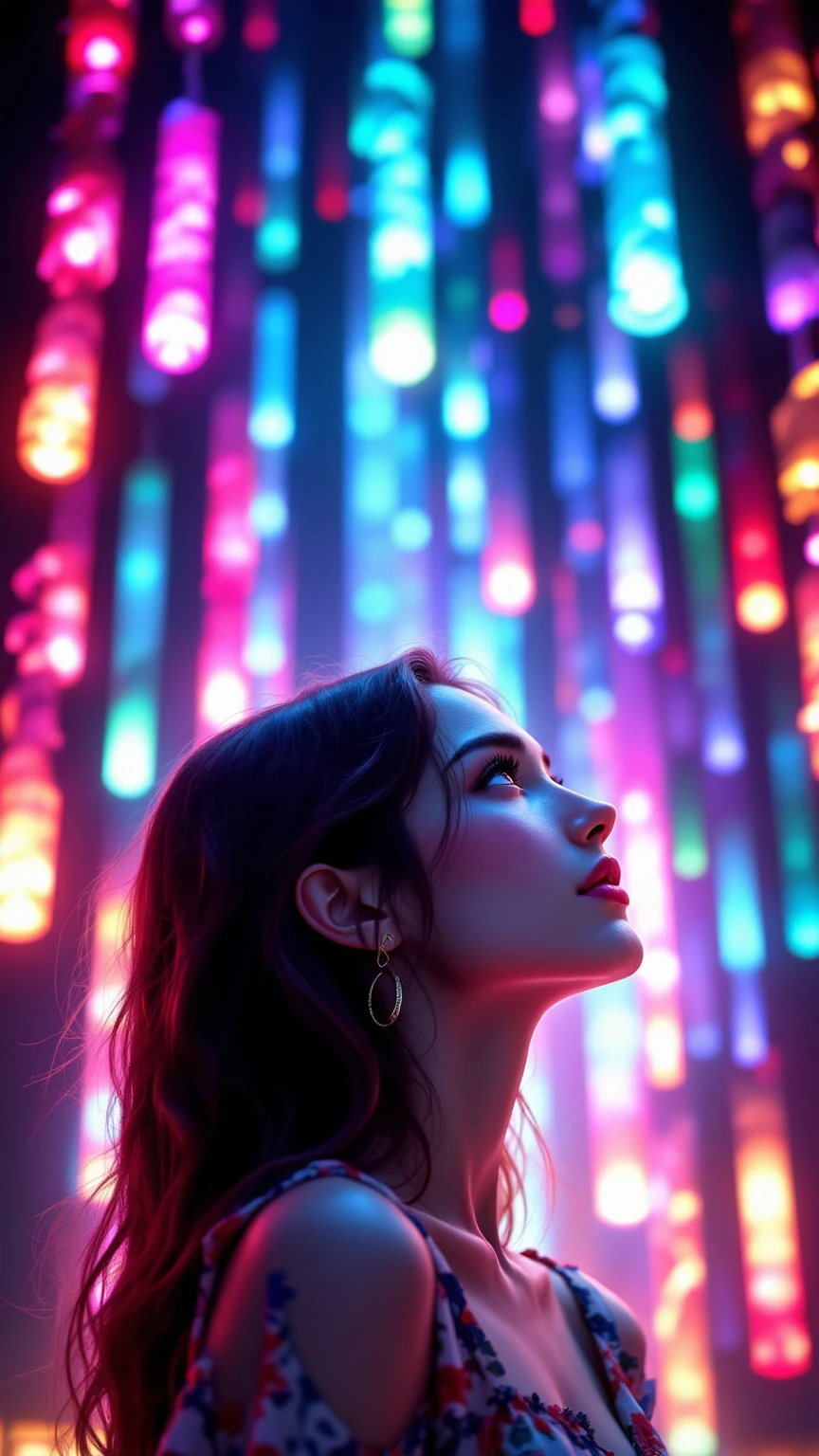 Colourful spiral lights falling from the sky,A woman looking at,view from below,4K,ultra-detailed,Realistic,사진현실적,HDR,UHD,vivid colors,Extremely detailed description,Professional ,colorful background, beautiful color ,bright lights,sentimental vibe,character portrait, digital art