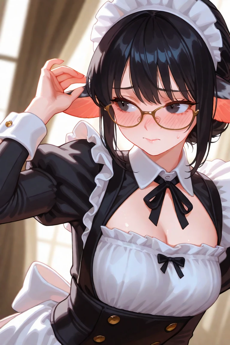 score_5_up, score_6_up, score_7_up,
1girl, solo, wearing (maid outfit, maid headdress, white apron), short black hair, curled horns, bell_choker, glasses, detached sleeves, frills, bare shoulders, large bow, breasts_squeezed_together
