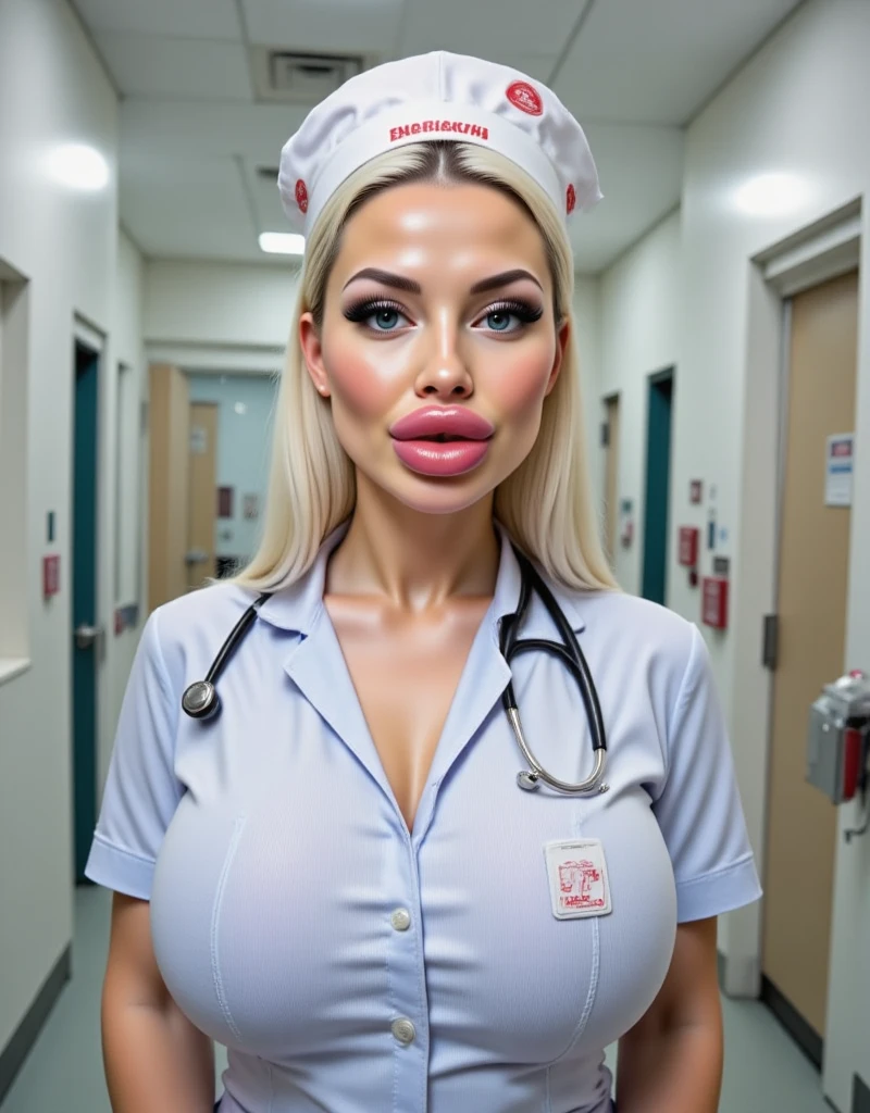 The movie star scarlett johansson dressed as a sexy nurse, kissing an ugly 99-year-old Peruvian man. On the sofa