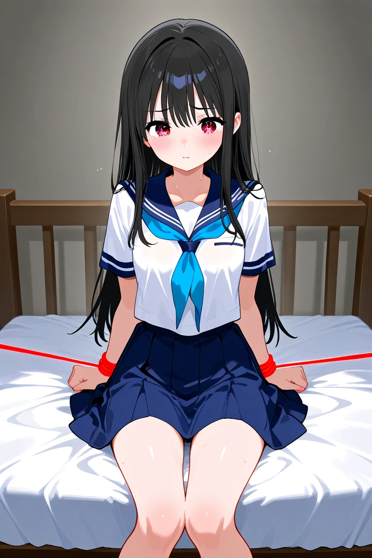 Hands Behind Back,Tied with hands behind back,from front,front view,looking at viewer, looking ahead,from above,cowboy shot,1girl,Beautiful 11 year old girl,Japanese,Slender,,low length,Small breasts,Thin legs,Small Ass,Baby Face,Small face,Black Hair,one side up,Gray Eyes,Drooping eyes,middle School girls,Short sleeve shirt,ribbon,socks,Collar with leash,open mouth,tongue out,front face,Kneeling,Straight Stand,Beautiful and detailed anime art,Mischievous smile,Sexy vibe,cum on tongue,Dimly lit room,On the bed,Simple Background,Gray background,Low lighting,