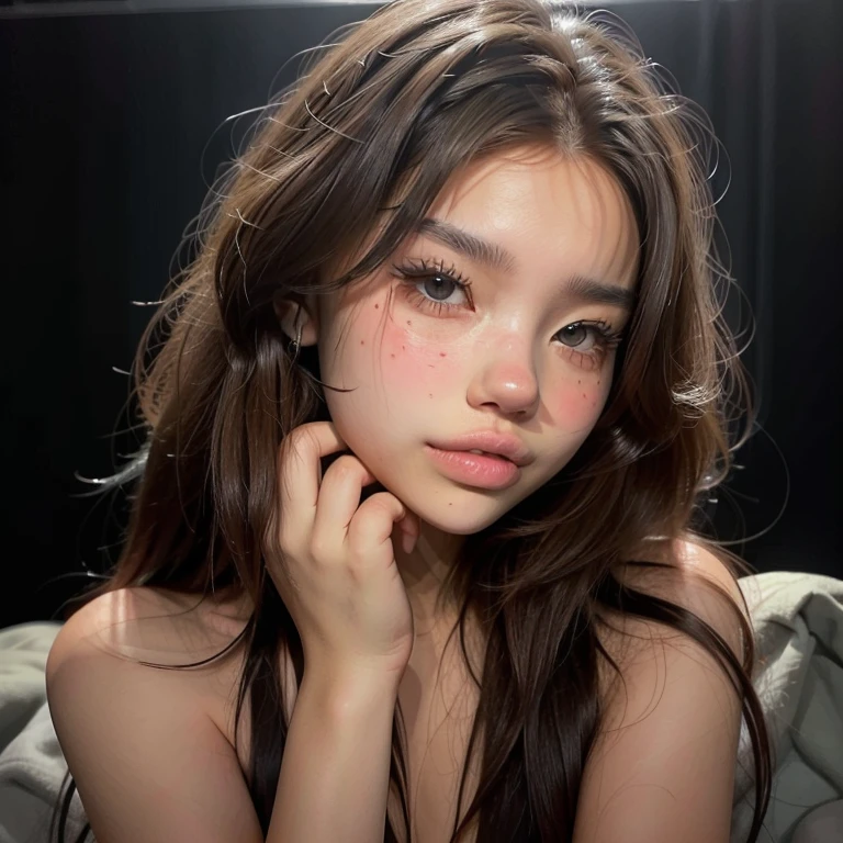 um close up de uma mulher com cabelos longos e uma camisa cinza, beautiful aesthetic face, Ulzzang, south east asian with round face, maquiagem coreana popular, maquiagem sul-coreana popular, bonito-fino-cara, meninana, com bonito - fino - rosto, Beautiful Asian girl, korean face features, Asian face, rosto sexy com maquiagem completa