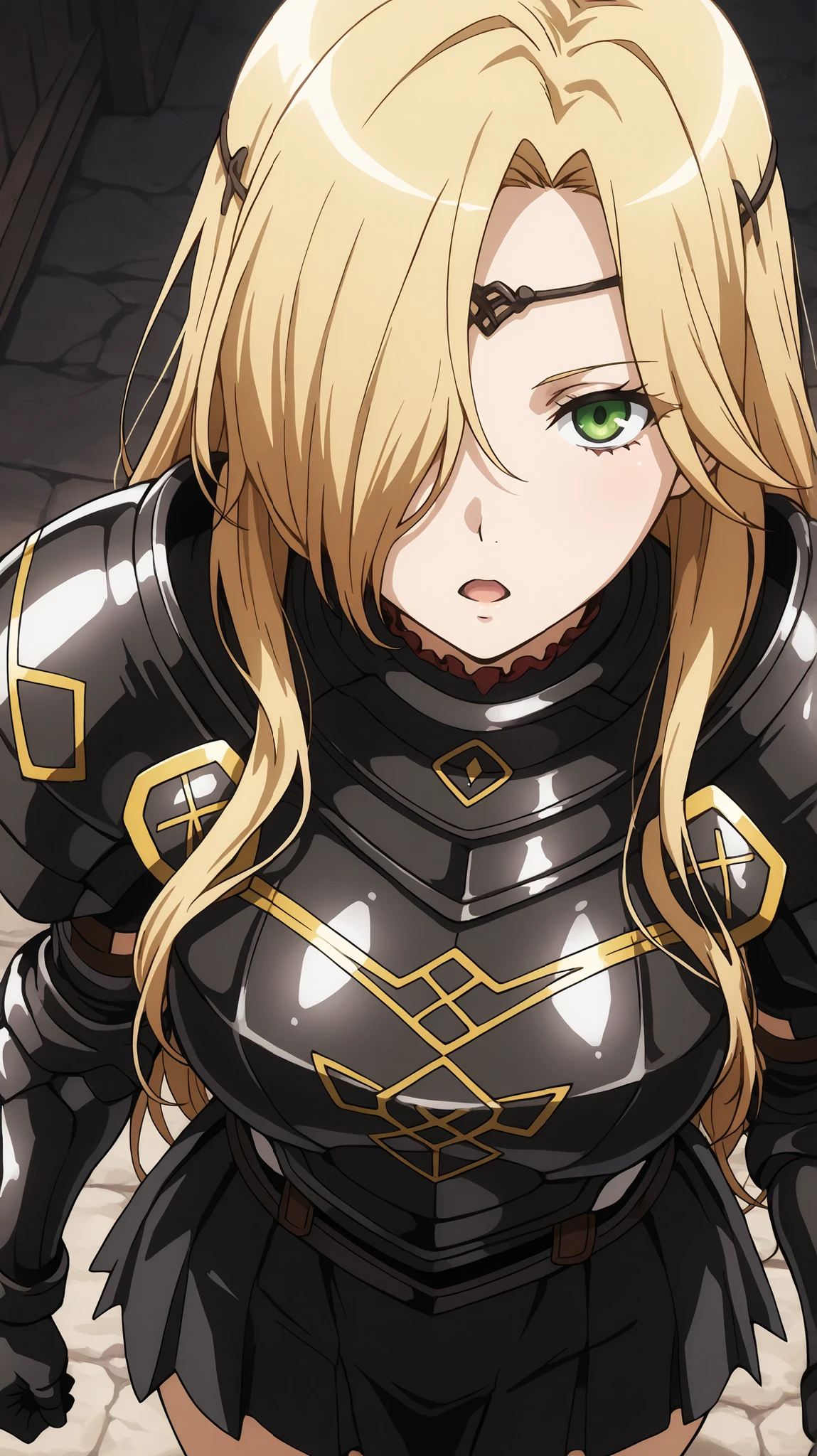 leinas rockbruise, Overlord
High quality , best quality , masterpiece, High Resolution , anatomically correct, anime coloring,
solo, 1 girl, adult, cool woman,
green eyes,blonde hair,long hair,hair over one eye,,,breasts,
, circlet, shoulder_armor, black breastplate, gauntlets, black_skirt, frilled_skirt,, groin,black miniskirt dress
, close up , looking at viewer ,from above
, Expressionless, open mouth,