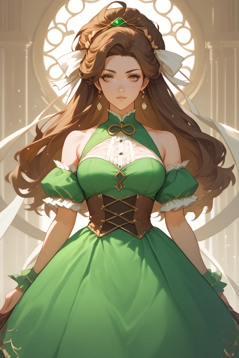 Woman,her  eyes have softened into a deep captivating green  reflecting an unwavering devotion. Her hair is a rich chestnut brown, flowing down to her waist in soft, wavy tresses. her body, too, has become more voluptuous.
Her attire is composed by bandages wrapping around her form in an almost artistic manner. The bandages are interlaced with silver threads, creating a striking contrast against her tanned skin. She  wears golden jewelry

