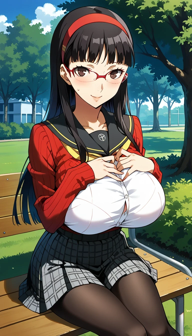 score_9, score_8_up, source_anime 1 girl, solo, cute face, p4yukiko, amagi yukiko, long hair, black hair, bangs, hairband, glasses, red-framed eyewear p4yukiko-winuni, yasogami school uniform, school uniform, sweater, red sweater, skirt, pleated skirt, houndstooth, pantyhose, black pantyhose, classroom, standing, looking at viewer, smile, cowboy shot, masterpiece, best quality, ultra detailed,gigantic breasts,underboobs,bursting breasts outdoors, park, sitting, bench,shy smile, looking at viewer, masterpiece, best quality, ultra detailed,gigantic breasts,sweat,embarrassed, blush,((own breasts grab 1.5))